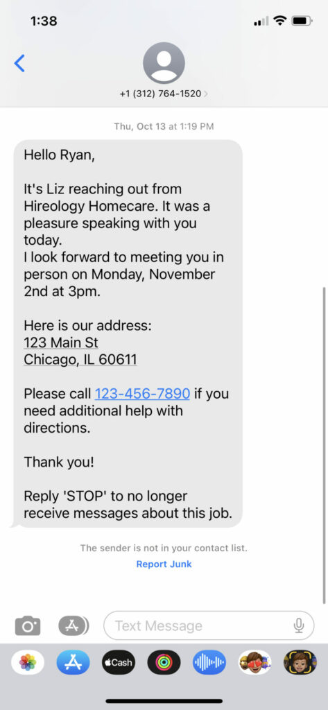 Opt-out text message example from Hireology